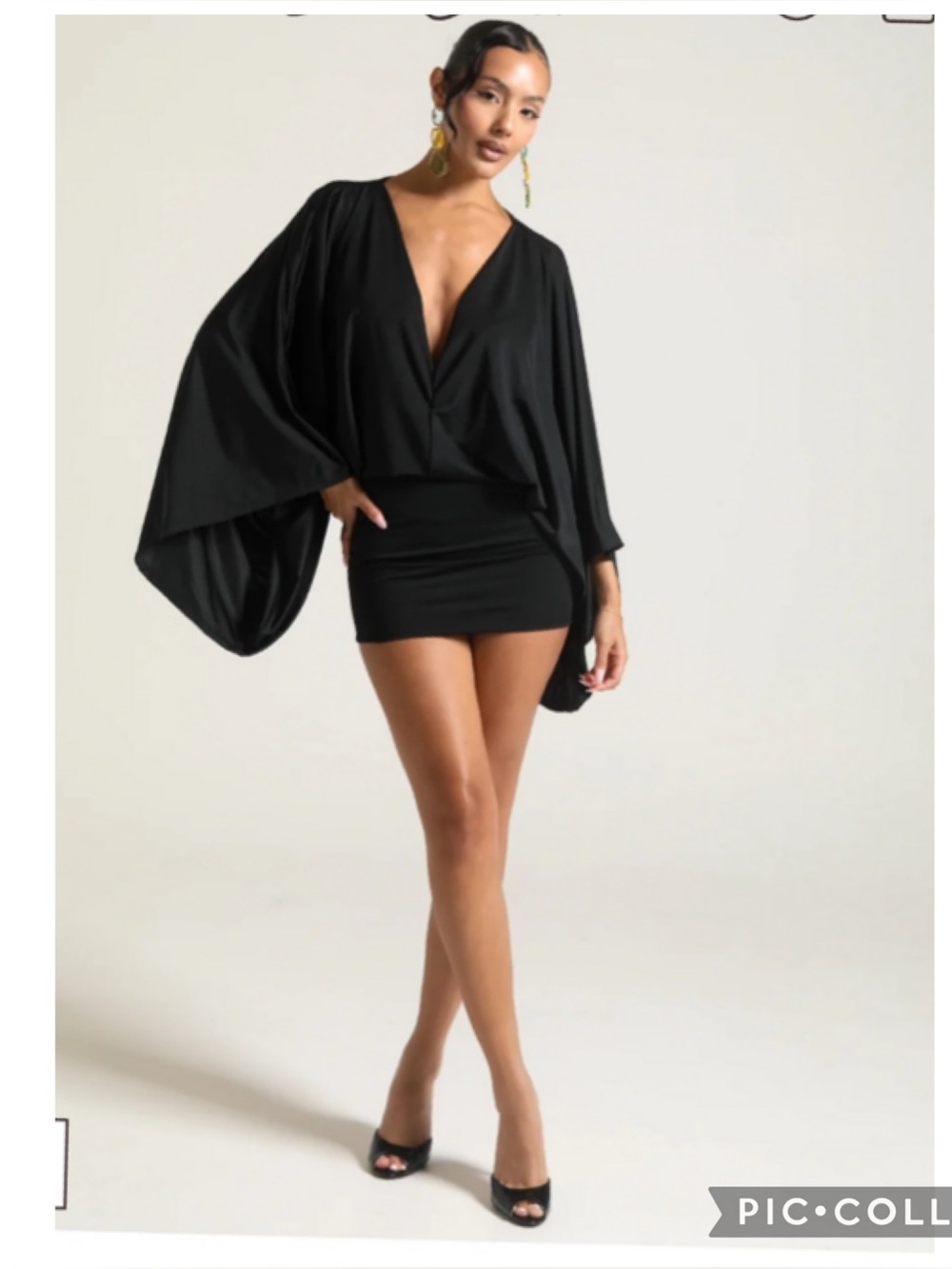 Brea Daeshon Isla Black Mini Dress XS Plunge Batwing Cape Sleeve NWT